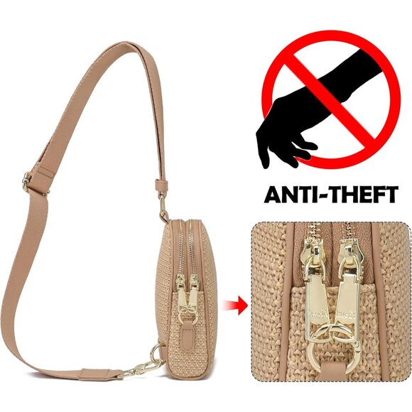 Straw Crossbody Bag Women's Small Sling Bag Travel Purse RFID Blocking - Picture 2 of 8